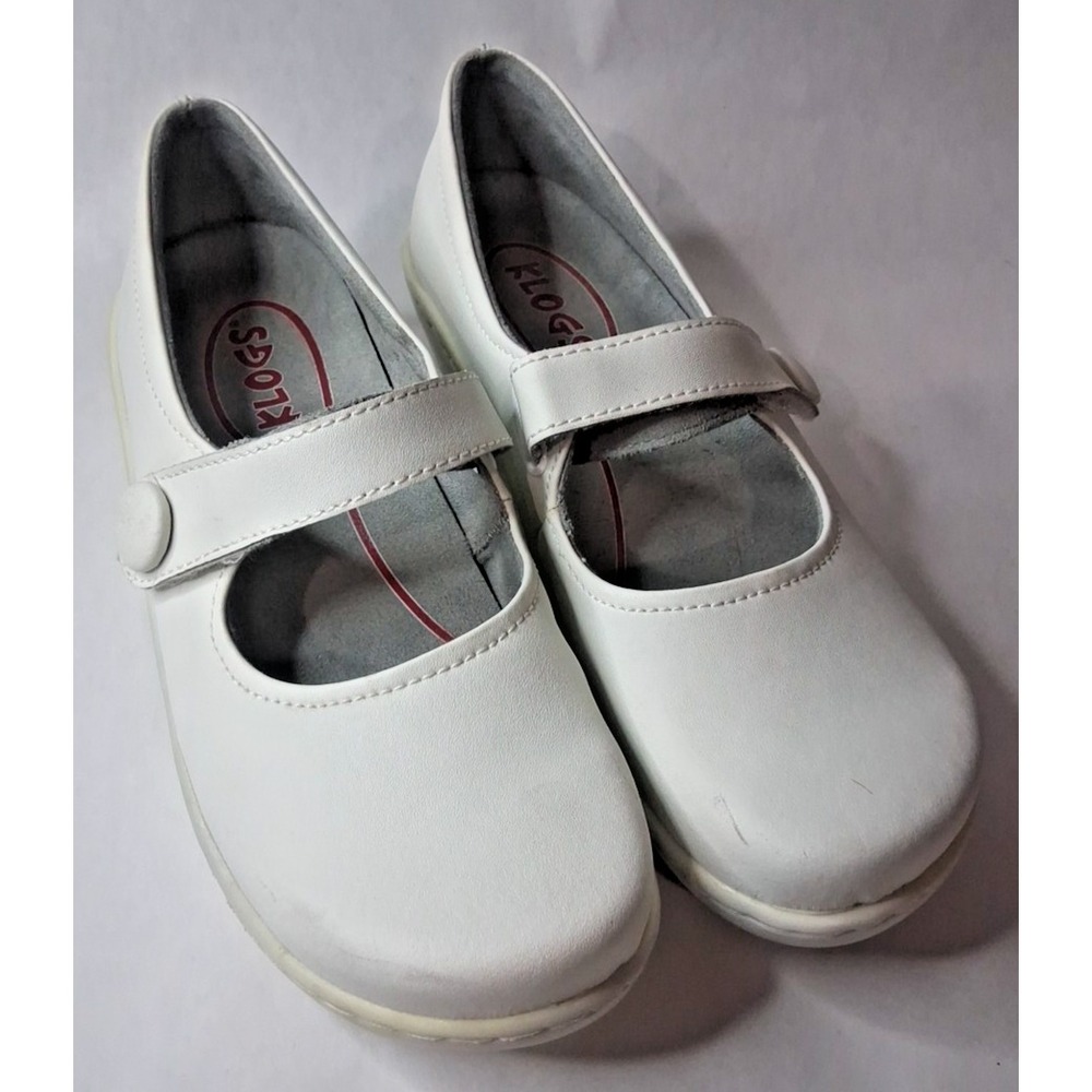 Klogs White Size 8M Nurse Working Shoes With Leather Upper, Hook And Loop Strap